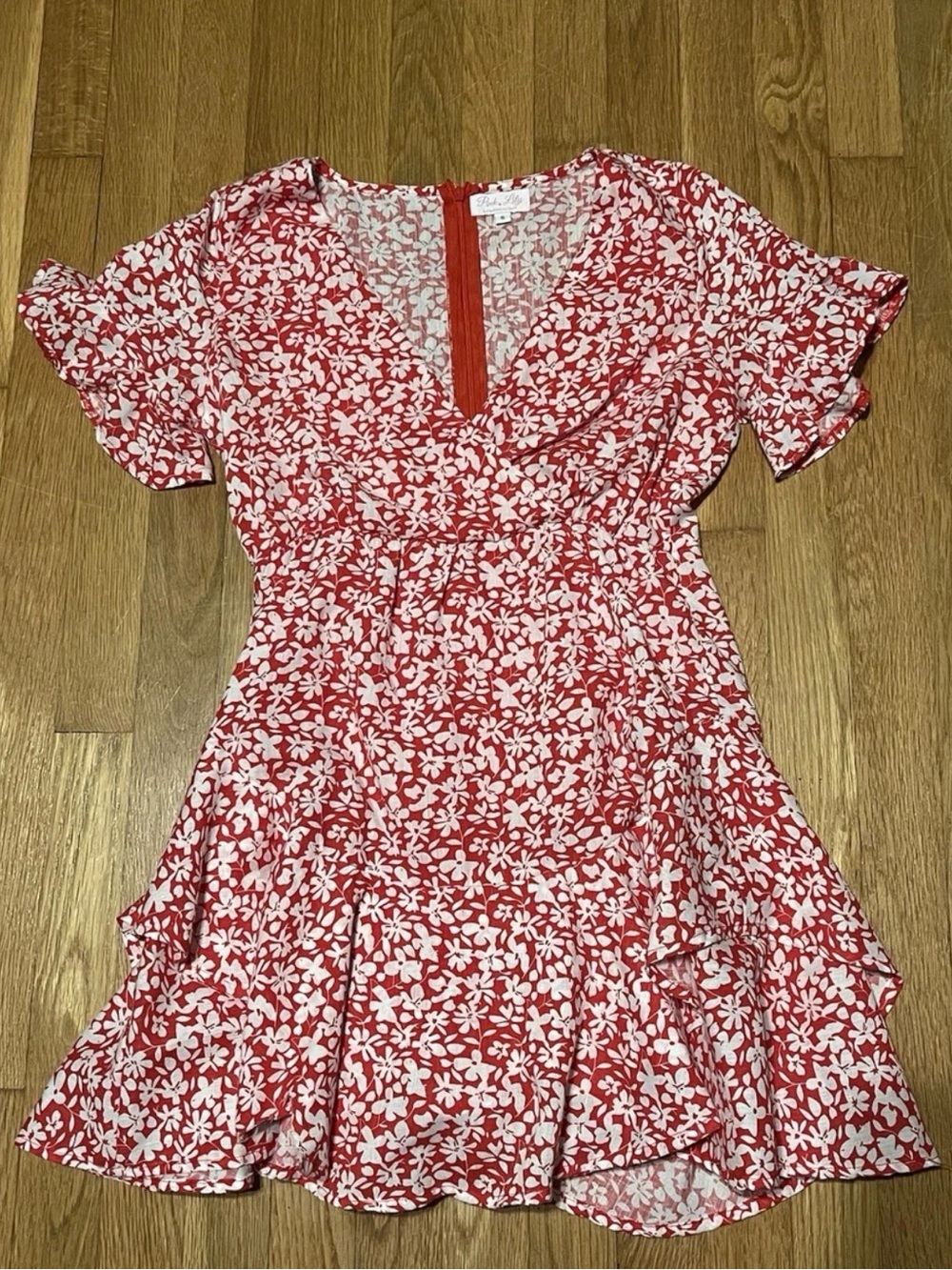 Pink Lily Red White Floral V-Neck Fit & Flare Short Dress SMALL